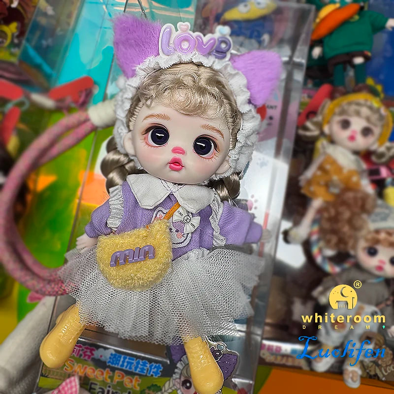 Luolifen Doll for Girl Gift Cute Mini OB11 bjd Trendy Toy Denim Set Kawaii Dopamine Candy Blue Green Eyes Toy Accessories
